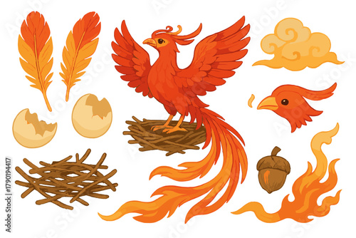 Mythical phoenix bird with fire, feathers, nest, and egg elements