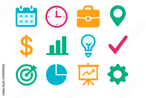 Colorful flat icons representing business finance planning and strategy concepts