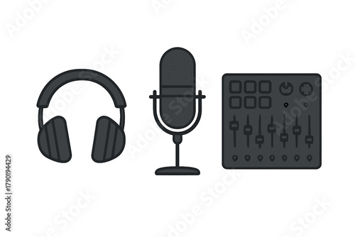 Headphones microphone and audio mixer equipment icons collection