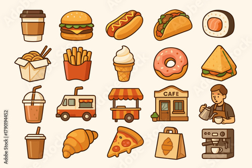 Street Food and Cafe Icons Set – Fast Food and Drink Illustration