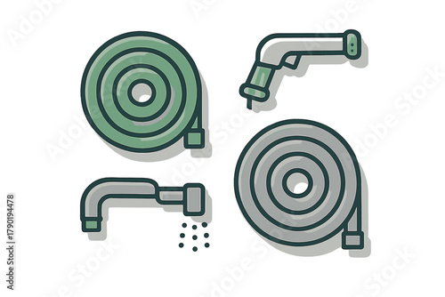Set of garden hose reel and spray nozzle icons for outdoor watering tasks