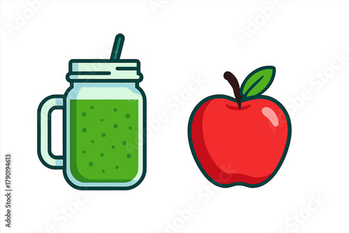 Green smoothie in mason jar with fresh red fruit icon
