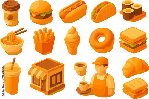 Fast Food and Cafe Icons – Modern 3D Vector Illustration