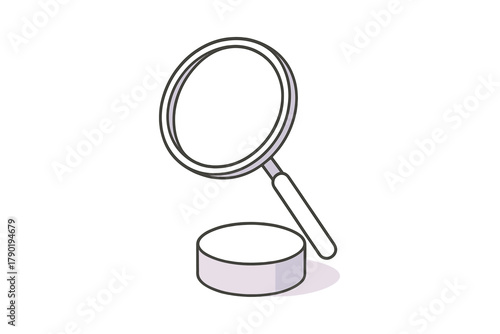 Isometric magnifying glass examining a circular object or platform