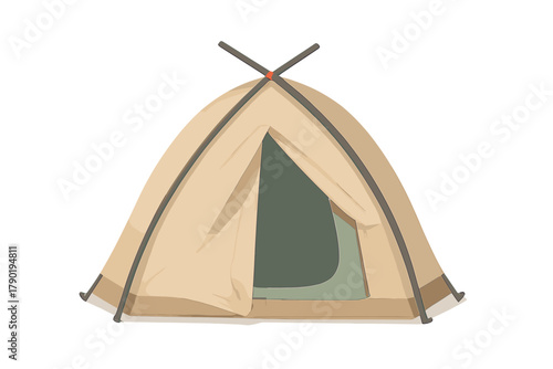 Beige camping tent with open doorway and crossed support poles