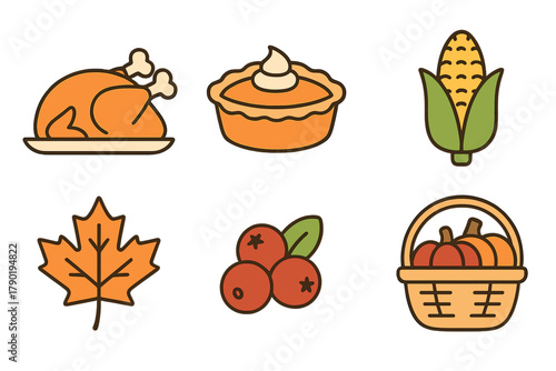 Autumn harvest and holiday food icons featuring turkey and pie