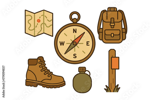 Essential icons for hiking and camping navigation gear