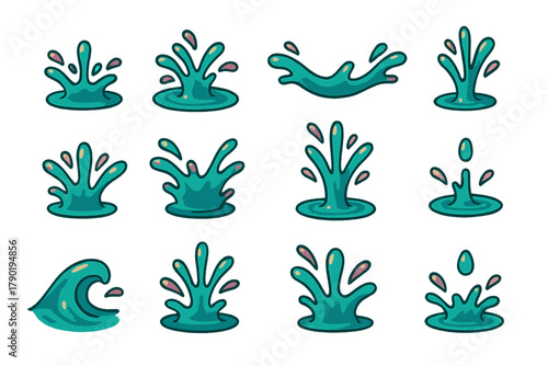 Stylized liquid splash and wave icons in vibrant teal color palette