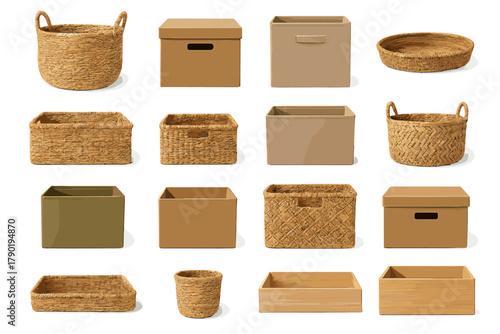 Various home organization containers and woven baskets in neutral colors