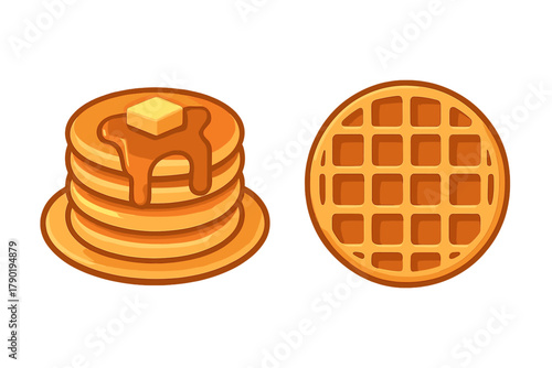 Tall stack of pancakes with melting butter and syrup beside waffle