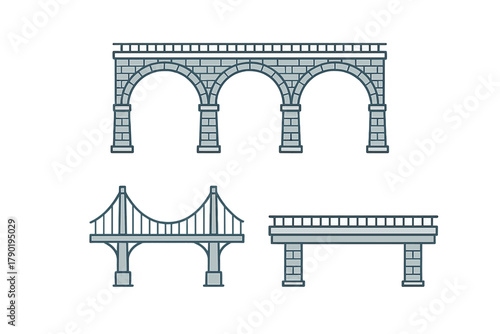Collection of architectural bridge types including aqueduct, suspension, and beam structures