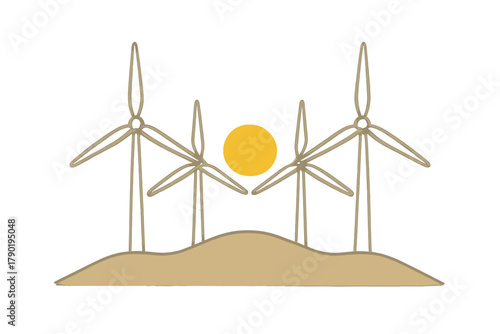 Stylized wind turbines and bright sun on curved sandy landscape