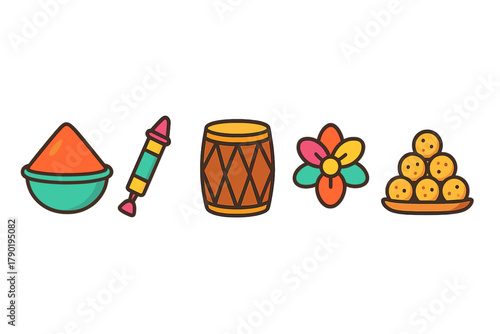 Holi festival icons set featuring colored powder drum flower and sweets