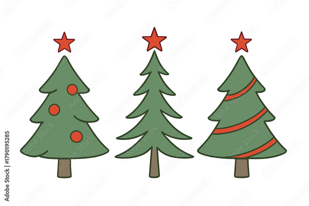 Obraz premium Three stylized green fir trees with bright red star toppers for holiday design