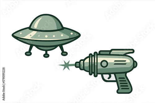 Retro ray gun blasting a classic flying saucer spaceship