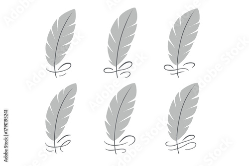 Stylized gray quill pen feathers with decorative swirls in a seamless pattern
