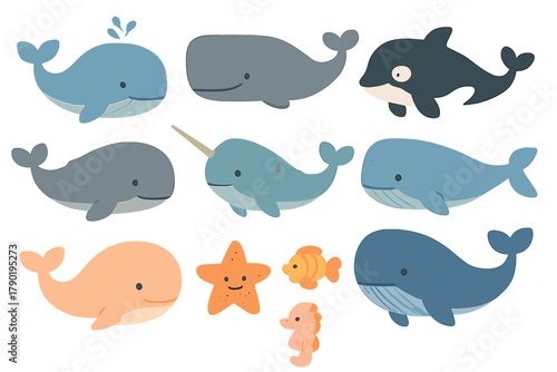 Collection of cute cartoon sea animals including various whales and marine life