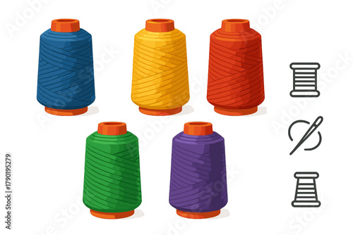 Colorful sewing thread spools with needle and bobbin icons