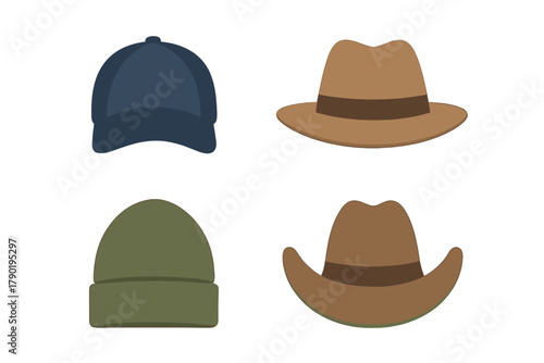 Four distinct styles of headwear accessories isolated on white background