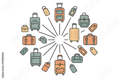Various travel luggage and baggage tags arranged in a circular pattern