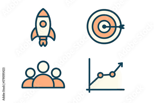 Business startup goal achievement team growth icons set