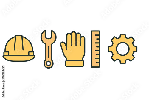 Set of construction and repair equipment icons featuring hard hat wrench glove and gear