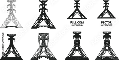 Telecommunication tower silhouette, communication mast illustration, industrial structure design, signal transmission tower, vector icon set for engineering and technology graphics