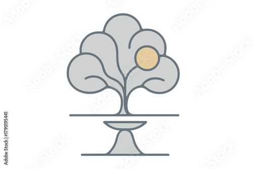 Abstract stylized tree icon with sun element on a pedestal base