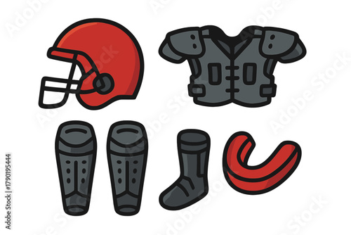 American football protective gear icons featuring helmet and various pads