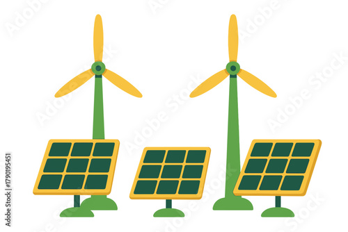 Wind turbine and solar panel renewable energy icons set