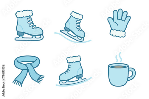 Set of winter ice skating accessories and hot beverage icons