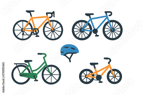 Colorful bicycles and protective helmet icons assortment