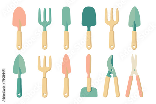 Colorful pastel gardening hand tools assortment for planting and digging