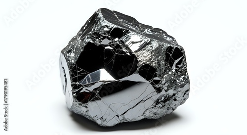 A close up of a shiny dark gray metallic mineral specimen on a white surface with sharp edges and facets