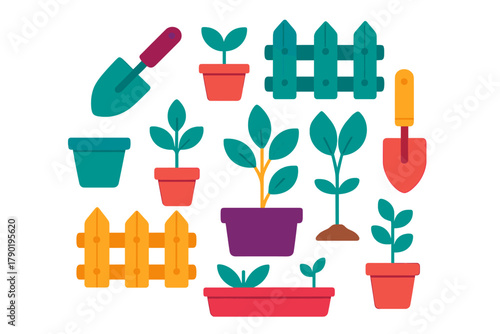 Various potted plants gardening tools and decorative fence sections