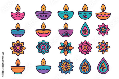 Vibrant stylized Diwali diya lamps and intricate floral ornaments for celebration