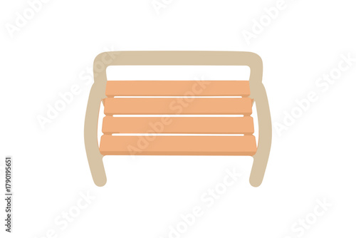 Top view of simple park bench with wooden slats and curved metal frame