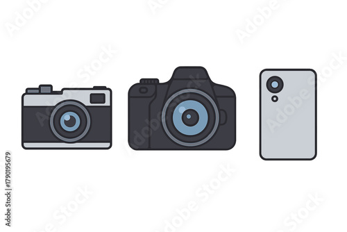 Collection of camera icons including rangefinder, DSLR, and smartphone rear view