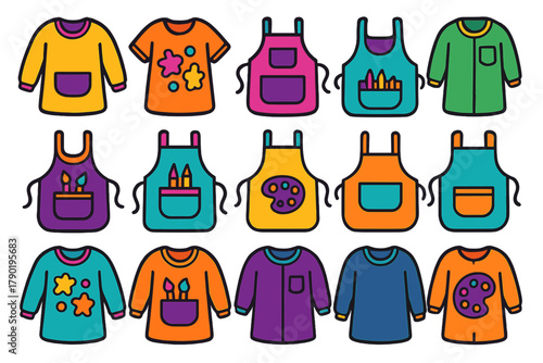 Set of colorful children's art smocks and aprons icons