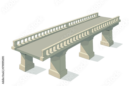 Isometric concrete road bridge structure with balustrade railings