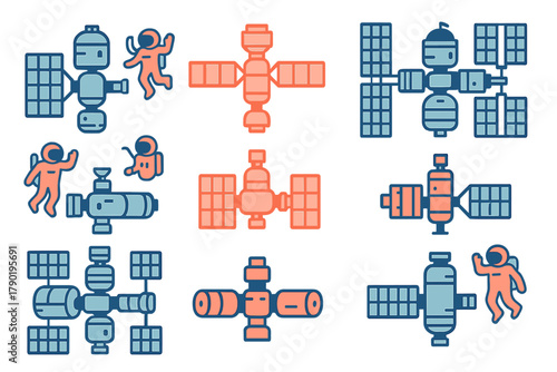 Set of space station and astronaut icons floating in orbit