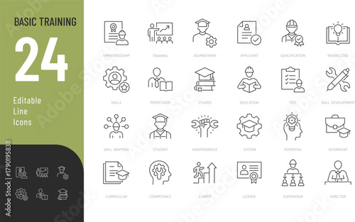 Basic Training Line Editable Icons set. Vector illustration in modern thin style of job related icons: training, skills, development, and more. Isolated on transparent background.

