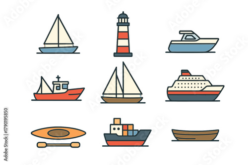 Set of nautical transportation icons featuring sailboat, cargo ship, and lighthouse