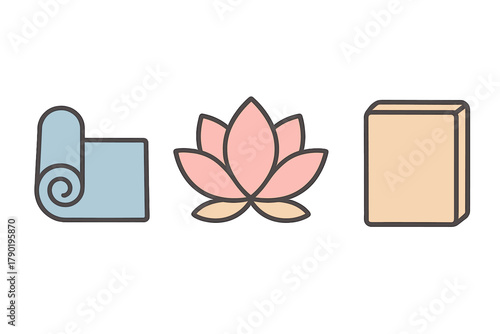 Yoga equipment and lotus flower icons for wellness and meditation concept