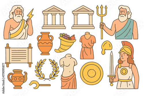 Set of Ancient Greek Mythology Icons Featuring Gods Statues and Artifacts