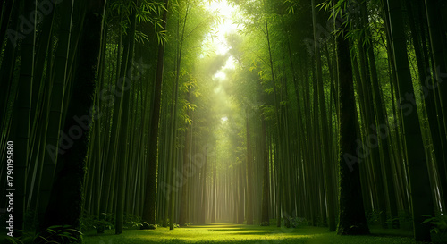 Sunlight streaming through dense bamboo forest creating a path of light and shadow effect scene