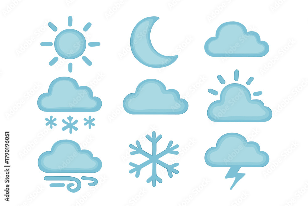 Obraz premium Set of cute blue weather icons with textured effect