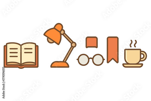 Set of icons for reading and studying including book lamp and glasses
