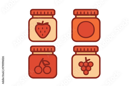 Set of four fruit preserve jars icons with strawberry cherry and grape symbols