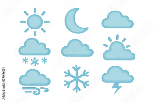 Set of cute blue weather icons with textured effect